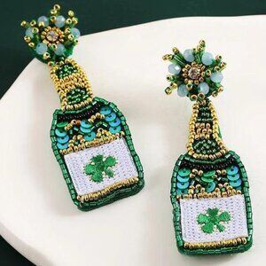 Brand NEW St Patrick's Day Irish Champagne Bottle Seed Beaded Etsy Earrings